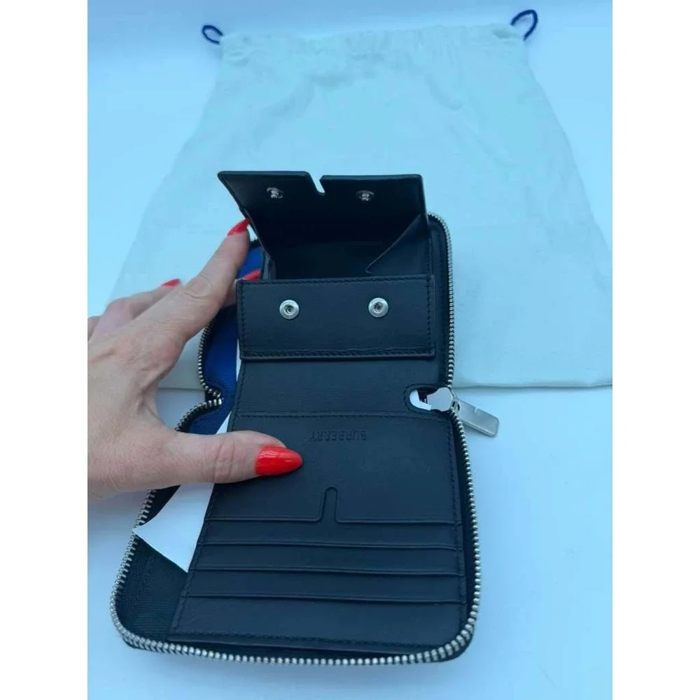 Burberry‎ Black Leather Zip Around Bifold Wallet Blue Trim Coin Pocket New